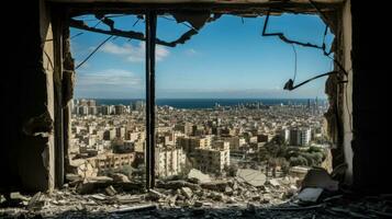 Scars of strife Shattered glass pane overlooking ruins in Tel Aviv photo