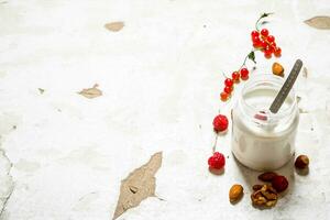 Milk dessert with nuts and wild raspberries. photo