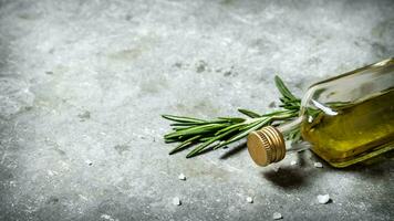 Olive oil in bottle with rosemary and salt. photo