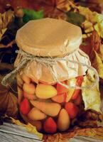 Autumn concept. Preserved food in glass jar photo
