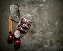 Sliced red onion and an old hatchet photo