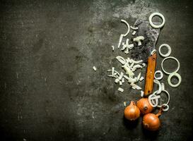 chopped onion with an old hatchet. photo