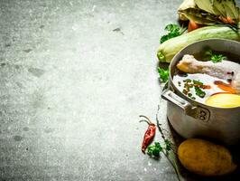 Preparation of fragrant chicken soup with fresh vegetables photo