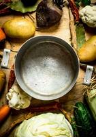 The old pot and the ingredients for the soup around. photo