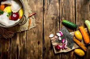 Cutting of vegetables to chicken broth. photo