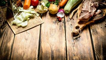 Ingredients for making soup with beef. photo