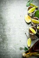 Tequila with salt and lime slices. photo