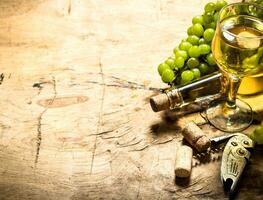 Bunch of white grapes with wine, a corkscrew and stoppers. photo