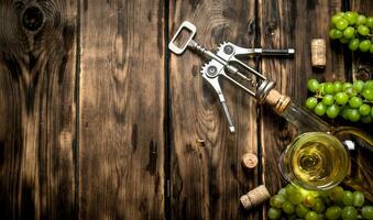 White wine with a corkscrew and branches of grapes. photo