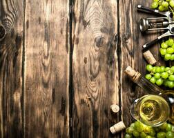 White wine with a corkscrew and branches of grapes. photo