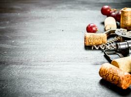 Wine corks with corkscrew and grape branch. photo