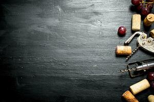 Wine corks with corkscrew and grape branch. photo