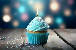 photo birthday cupcake with candle and with glaze arrangement generative ai