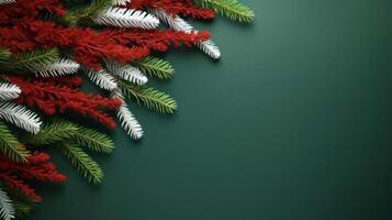 Minimalist Christmas background. Colored fir tree branches decoration flat lay. Spruce twigs laid out on dark green backdrop with copy space for text photo