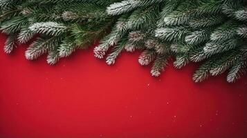 Minimalist Christmas background. Snow covered fir tree branches flat lay. Spruce twigs laid out on bright red backdrop with copy space for text photo