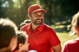 Elementary school coach with a smile, playing American football with his students, ai generative photo