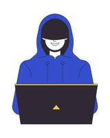 Hacker in hood smiling flat line color vector character. Coding on laptop. Cyberspace. Editable outline full body person on white. Simple cartoon spot illustration for web graphic design