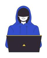 Hacker in hood smiling flat line color vector character. Coding on laptop. Cyberspace. Editable outline full body person on white. Simple cartoon spot illustration for web graphic design