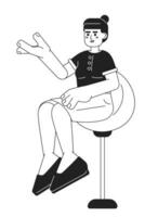 Asian young adult woman sitting on swivel bar stool black and white 2D cartoon character. Korean female on barstool isolated vector outline person. TV host monochromatic flat spot illustration