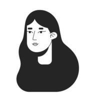 Long haired caucasian woman black and white 2D line cartoon character head. Attractive businesswoman young isolated vector outline person face. Pensive lady monochromatic flat spot illustration