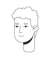 Curly hair cheerful man black and white 2D line cartoon character head. Pleasant looking guy isolated vector outline person face. Youngster with fluffy haircut monochromatic flat spot illustration