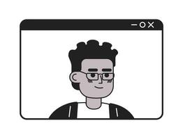 vídeo llamada africano americano los anteojos hombre negro y blanco 2d dibujos animados personaje. seminario web pantalla negro joven masculino aislado vector contorno persona. empresario monocromo plano Mancha ilustración