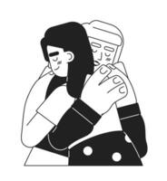 Women hugging monochromatic flat vector characters. Tight hug. Multinational friends. Editable thin line half body people on white. Simple bw cartoon spot image for web graphic design