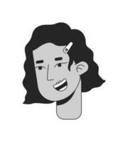 Smiling latina girl wavy bob with hair clip black and white 2D line cartoon character head. Hispanic young adult isolated vector outline person face. Brunette monochromatic flat spot illustration