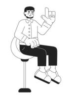 Bearded caucasian man sitting on swivel bar stool black and white 2D cartoon character. European guy barstool isolated vector outline person. Raising index finger monochromatic flat spot illustration