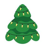 Christmas tree string lights 2D cartoon object. Hanging lightbulbs xmas pine tree isolated vector item white background. Winter holidays. Garland glowing spruce color flat spot illustration