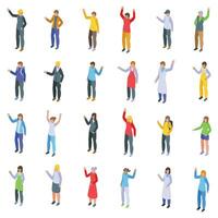 People gesturing hi icons set isometric vector. Hello waving vector