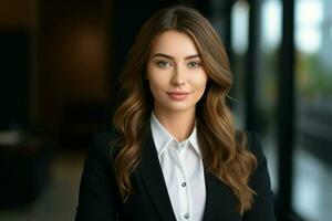 retrato de un elegante profesional mujer vestido en un traje, en pie con confianza dentro un oficina ambiente. ai generativo foto