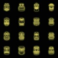 Tiki idol aztec hawaii icons set vector neon