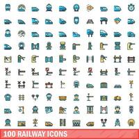 100 railway icons set, color line style vector