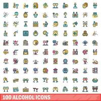 100 alcohol icons set, color line style vector