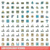 100 ecology icons set, color line style vector