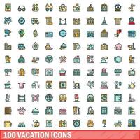 100 vacation icons set, color line style vector