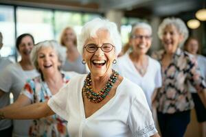 A candid moment captures a joyful group of seniors dancing with vitality, emphasizing companionship and an active lifestyle in retirement, reflecting the spirit of the elderly. ai generated photo