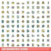100 biometric icons set, color line style vector
