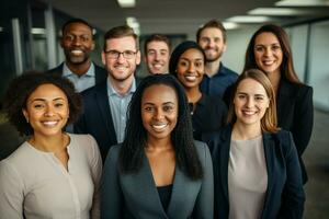 un multicultural negocio equipo vigas con sonrisas como ellos cara el cámara dentro un oficina. ai generado foto