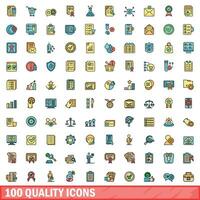 100 quality icons set, color line style vector