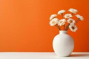 White flowers showcased in a white vase alongside an area for copy space set against an orange background. ai generated photo