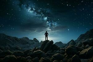 the silhouette of a person stands on a rock against the backdrop of the Milky Way and the Moon. ai generative photo