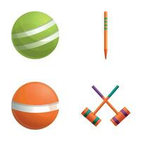 juego de croquet herramienta íconos conjunto dibujos animados vector. centrar clavija juego de croquet mazo y pelota vector