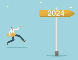 Strategic planning to achieve success in new year 2024, direction of development and looking into future, setting business goals for coming year, man runs along the signpost to the new year 2024. vector