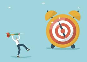 Setting and planning tasks to achieve success, tracking progress of work process and success of tasks, time management, achieving goals per unit of working time, man throws dart at dart board on watch vector