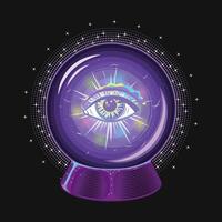 Magic crystal ball with all seeing eye and flashes inside. Glowing glass orb with light inside for clairvoyant witchcraft. Prediction, occult, mystical concept. vector