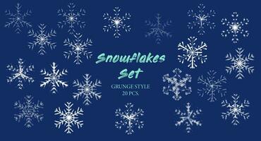 White outline grunge silhouettes of snowflakes vector