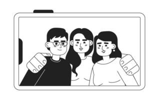 friends group photo on phone monochrome concept vector spot illustration. Picture on smartphone screen 2D flat bw cartoon characters for web UI design. Isolated editable hand drawn hero image