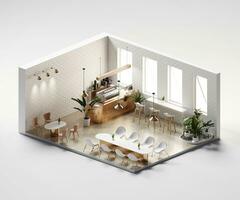 vista isométrica tienda de café mínima abierta dentro de la arquitectura interior, arte digital de renderizado 3d. foto